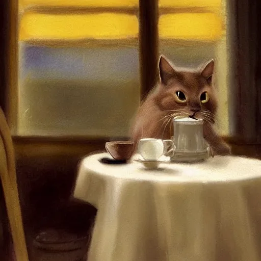 Image similar to brown cat with yellow eyes is sitting at table in a cafe at paris in early 2 0 th century. it is licking milk from little saucer, atmospheric feeling, warm colours, brown colours, yellow colours, epic scene, cinematic, very detailed, concept art, trensing on artstation