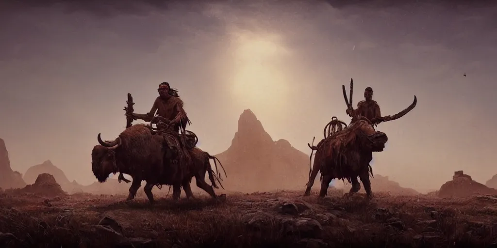 Image similar to an ancient tribesman driving an ancient motorcycle, hunting buffalo ,attacking, chase, action scene, an epic fantasy, dramatic lighting, cinematic, establishing shot, extremely high detail, photorealistic, cinematic lighting, artstation, octane render, by simon stalenhag, horizon forbidden west,old photo, vintage