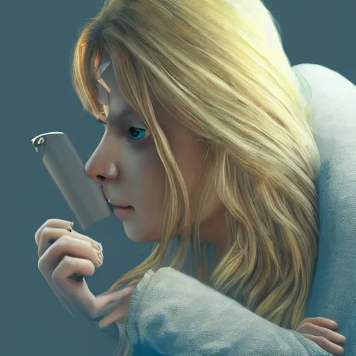 Prompt: close up of beautiful scandinavian female happy hugging xbox one s in bed, stunning eyes, long blonde hair, disney pixar weta, hi - fructose, decadent highly - detailed digital painting, golden ratio, octane render, artstation, cinematic composition, smooth, sharp focus