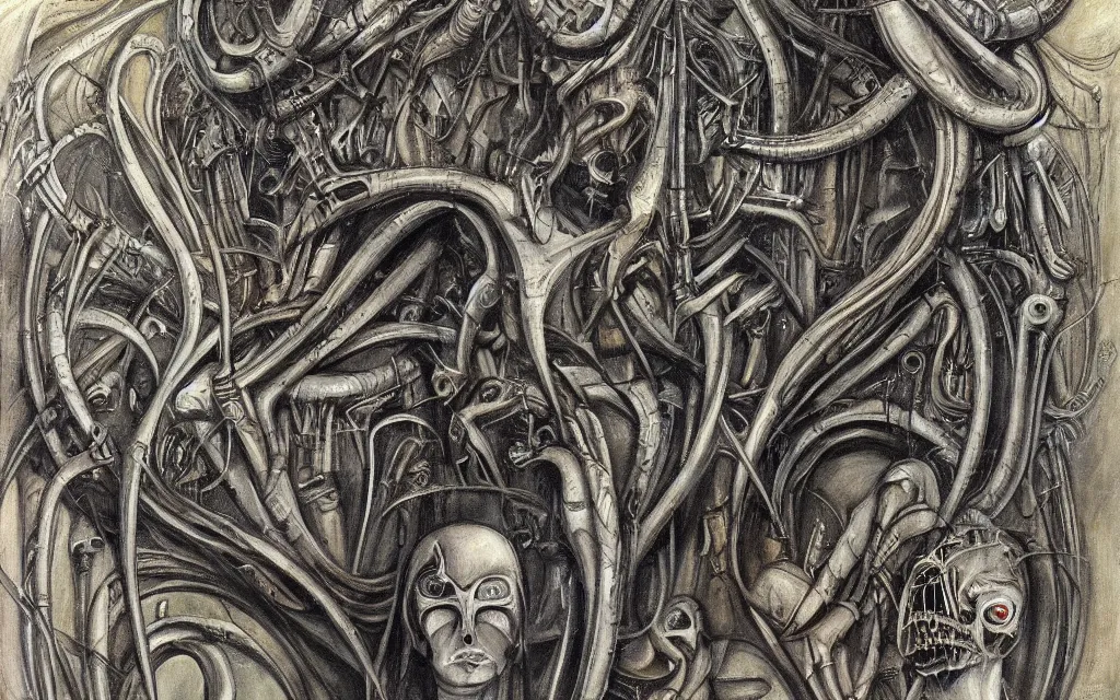 Image similar to a beautiful painting representative of the art style of h. r. giger