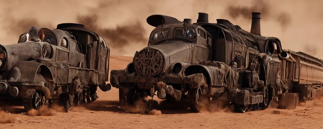 Image similar to Thomas the Tank Engine, the Batmobile and the Delorean in MAD MAX: FURY ROAD