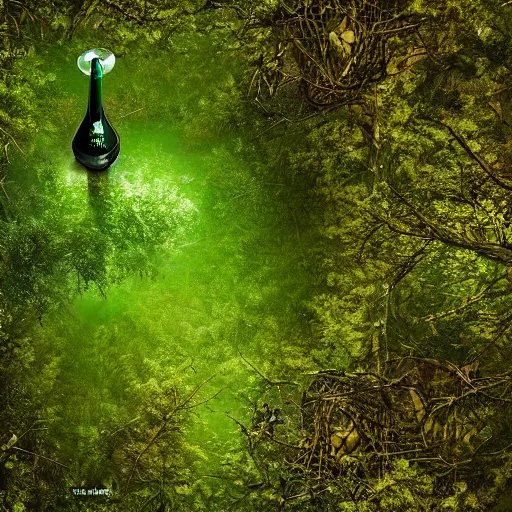 Image similar to a green eldritch coke bottle in an overgrown forest viewed from the sky by Marek Okon, god rays, fantasy art, 4k, HDR, photorealistic, 8k, trending on artstation