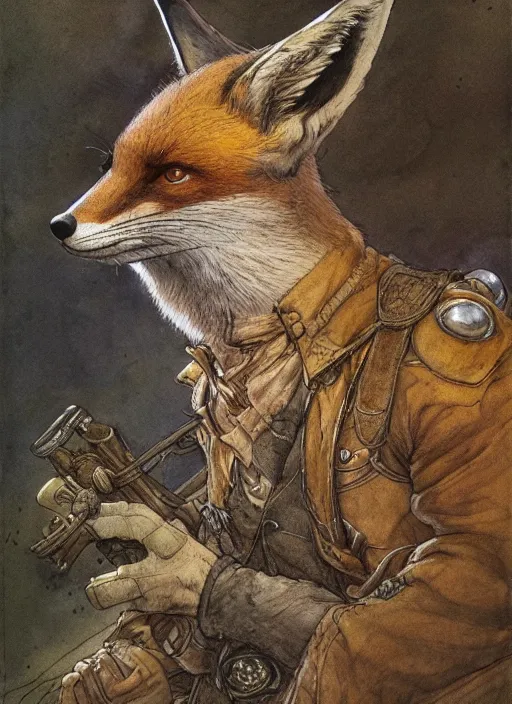 Prompt: portrait of a fox - faced ranger, dnd, gwelf, highly detailed, perfect lighting, watercolor and ink illustration, muted colors. perfect composition, 4 k, by brian froud, larry macdougall, jean - baptiste monge,