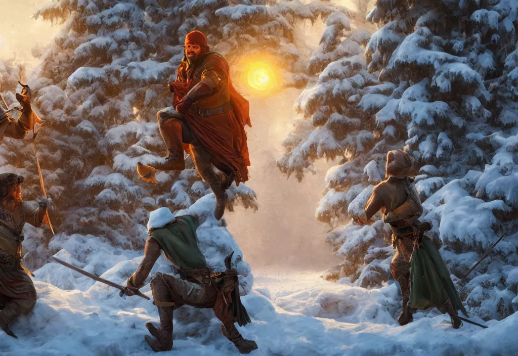 Prompt: classic Robin Hood tales scene, dynamic composition, cinematic lighting, snow storm, warm and vibrant colors, art by Sam Weber and Michael C Hayes, 8k, trending on artstation, hyper detailed, cinematic