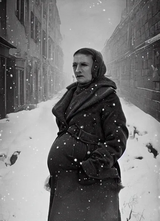 Prompt: full-length portrait of a pregnant woman on the street of besieged Leningrad, historically reliable photo chronicle, winter 1941, , ultra detailed, digital art, octane render, 4K, dystopian, micro details