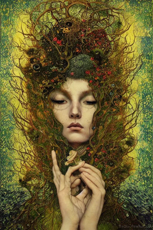 Image similar to Nature by Karol Bak, Jean Deville, Gustav Klimt, and Vincent Van Gogh, organic, fungi, moss, visionary, hair made of trees, botanicals, otherworldly, fractal structures, ornate gilded medieval icon, third eye, spirals