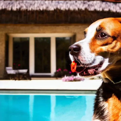 Image similar to a very detailed photo of a dog ( smoking a cigar ) outside the mansion by the pool