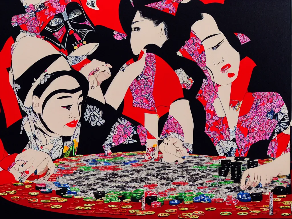 Image similar to hyperrealism composition of the detailed woman in a japanese kimono sitting at an extremely detailed poker table with darth vader, fireworks on the background, pop - art style, jacky tsai style, andy warhol style, acrylic on canvas