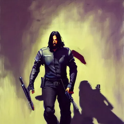 Image similar to greg manchess portrait painting of partially armored john wick as overwatch character, medium shot, asymmetrical, profile picture, organic painting, sunny day, matte painting, bold shapes, hard edges, street art, trending on artstation, by huang guangjian, gil elvgren, ruan jia, greg rutkowski, gaston bussiere