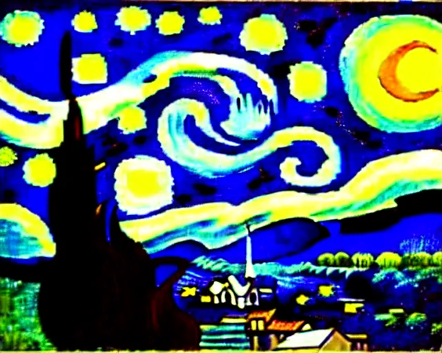 Image similar to Starry Night by van Gogh, re imagined as a Giorgio de Chirico painting