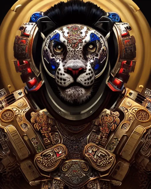 Image similar to portrait of a mayan masculine male cyberpunk jaguar warrior, machine face, upper half portrait, decorated with chinese opera motifs, muscular, asian, fine china, wuxia, traditional chinese art, intricate intense elegant, highly detailed symmetry headpiece digital painting artstation concept art smooth sharp focus illustration, art by artgerm and greg rutkowski alphonse mucha 8 k