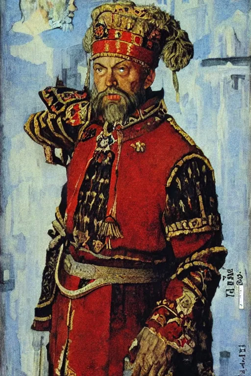 Image similar to russian tsar ivan the terrible, poster, by norman rockwell