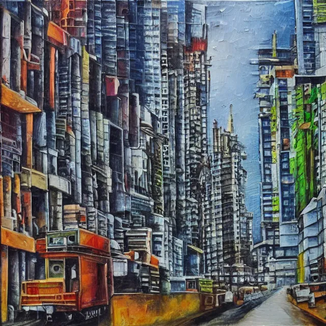 Image similar to streets of mumbai, future, mossy buildings, high fidelity, oil painting, straight lines