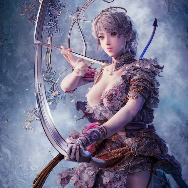 Image similar to the portrait of lawful neutral semi - colorful female archer socialite as absurdly beautiful, gorgeous, elegant, young gravure idol, an ultrafine hyperdetailed illustration by kim jung gi, irakli nadar, intricate linework, bright colors, octopath traveler, final fantasy, unreal engine 5 highly rendered, global illumination, radiant light, detailed and intricate environment