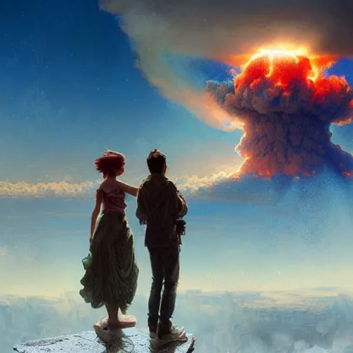 Image similar to a young couple watching a nuclear explosion, romantic, mushroom cloud, uplifting, happy, apocalytic detailed digital matte painting by artgerm, greg rutkowski and alphonse mucha