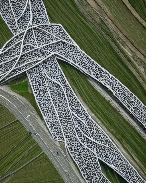 Image similar to orbital motorway, made of intricate decorative lace leaf skeleton, shot from a drone, in the style of the dutch masters and gregory crewdson, dark and moody