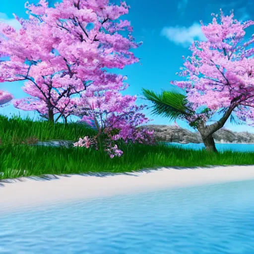 Prompt: very beautiful beach landscape with sakura trees, unreal engine