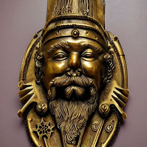 Prompt: A brass face of a dwarf. Wall decoration. Steampunk.