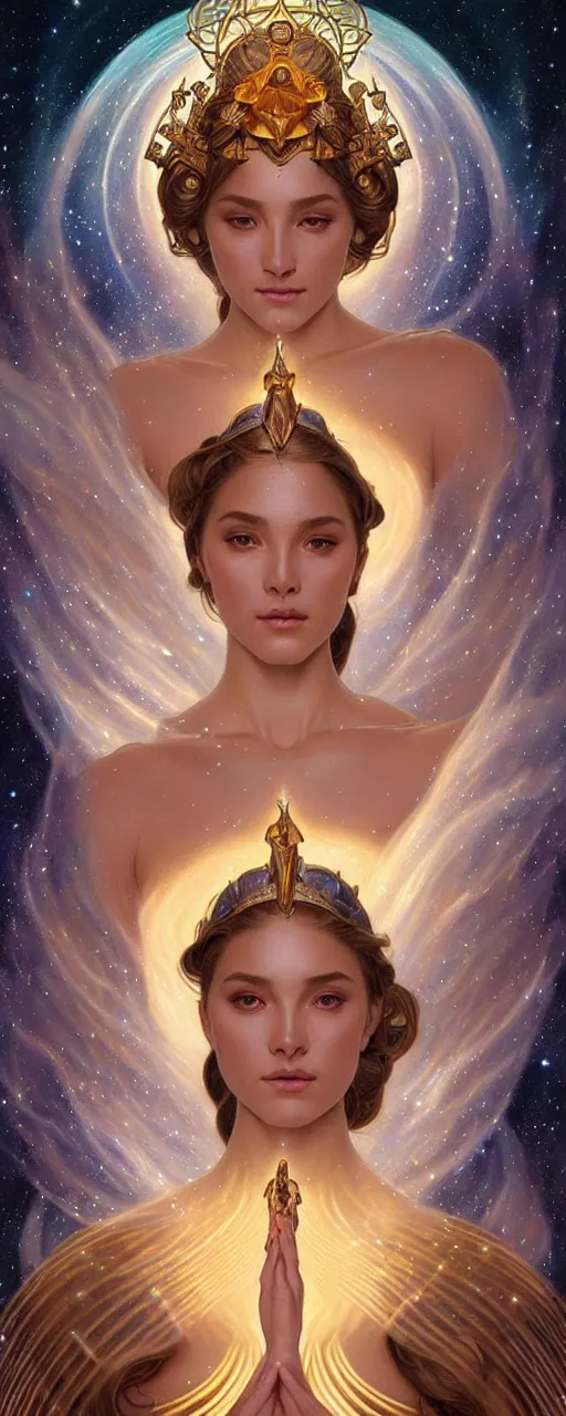 Image similar to perfectly detailed goddess of galaxies portrait judgement tarot card!! blessed by the universe with ever - increasing physical mental perfection, symmetrical! intricate, sensual features, highly detailed, universeral divine perfection!! digital painting, artstation, concept art, smooth, sharp focus, illustration, art by artgerm and greg rutkowski and alphonse mucha