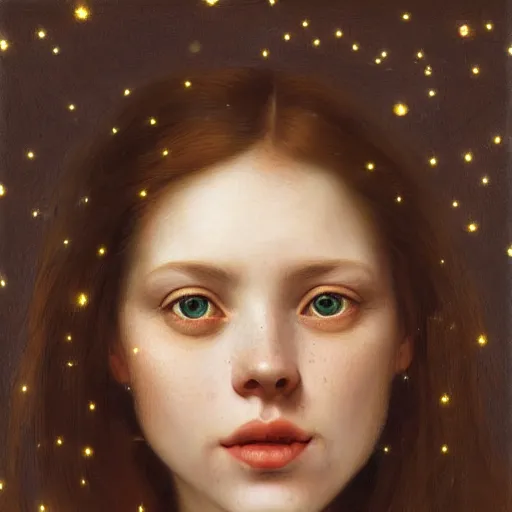 Image similar to portrait of happy a young woman, among the lights of golden fireflies and nature, long loose red hair, intricate details, birght green eyes, freckles on the nose, round gentle face, romantic dress, deep focus, smooth, sharp, golden ratio, hyper realistic digital art by artemisia lomi gentileschi and caravaggio and artgerm