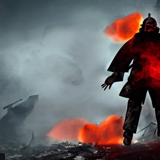 Prompt: a demonic samurai warrior standing in the middle of the wreckage of a crash landed spacecraft, his eyes are glowing red, smoke, mist, midday, embers, overcast, cinematic
