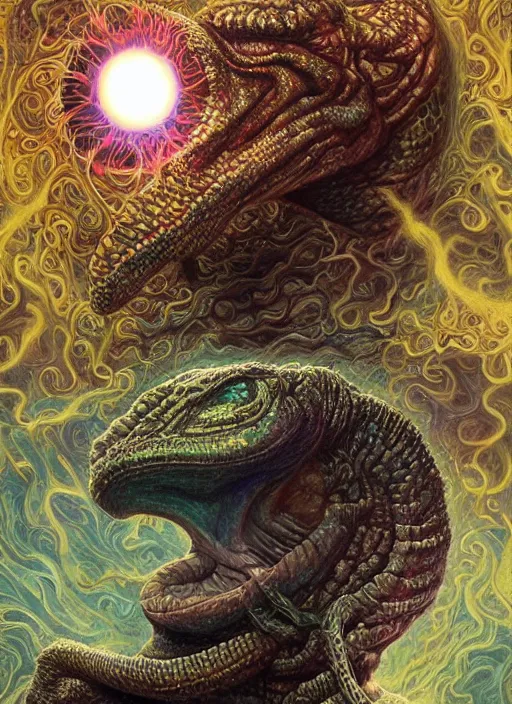 Image similar to duncan trussell glowing reptile eyes, shamanic poster lsd art, intricate, elegant, highly detailed, centered, digital painting, artstation, concept art, smooth, sharp focus, illustration, artgerm, tomasz alen kopera, peter mohrbacher, donato giancola, joseph christian leyendecker, wlop, frank frazetta