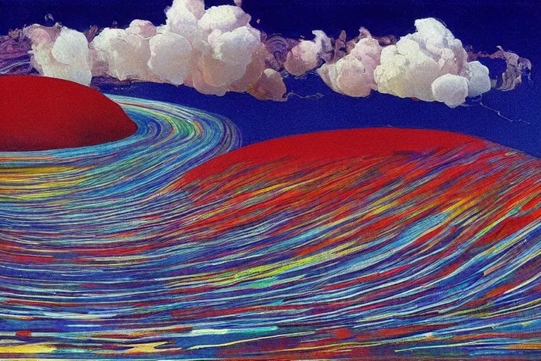 Prompt: Psychedelic sci-fi dreamworld. Landscape painting. Organic. Winding rushing water. Waves. Clouds. Wayne Thiebaud