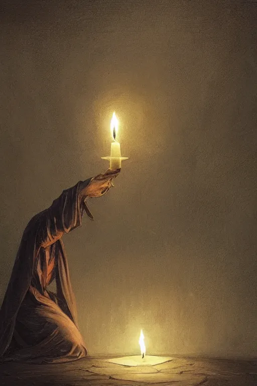 Image similar to Spirit holding a candle in the middle of the room, horror, illustrated by Greg Rutkowski and Caspar David Friedrich., Trending on artstation, artstationHD, artstationHQ, 4k, 8k