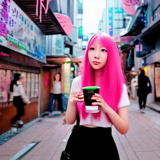 Image similar to korean anime girl with pink hair walking in seoul, drinking boba drink at night