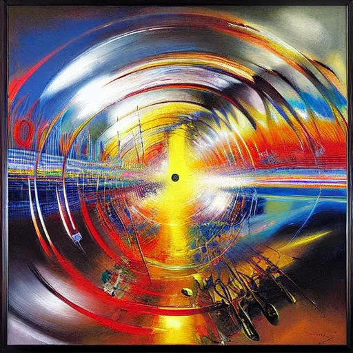 Image similar to abstract art representing momentum, oil painting by john berkey and gabriel dawe, masterwork