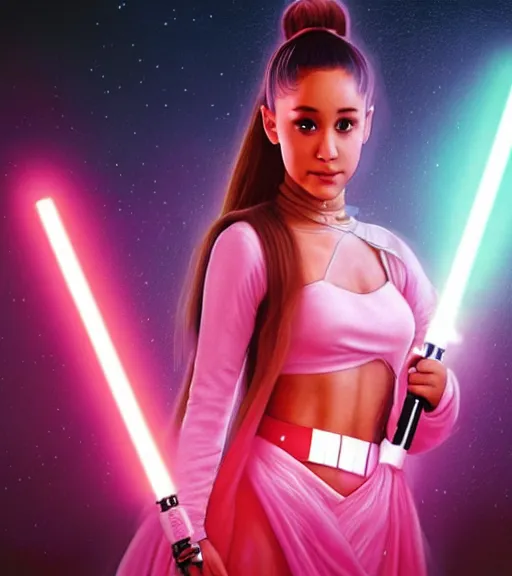 Prompt: A hyper realistic photo of Ariana Grande in the Star Wars universe with two pink lightsabers held in each hand. Maximum detail on artstation, photo realism, vivd details, vivd colour, volumetric lighting