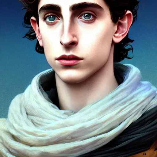 Image similar to a portrait of paul atreides from dune cinematic lighting, photorealistic, octane render, 8 k, depth of field, 3 d, art by artgerm and greg rutkowski and alphonse mucha and uang guangjian and gil elvgren and sachin ten, paul looks like timothee chalamet but older