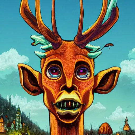 Image similar to 4 k headshot portrait of a psychedelic demonic anthropomorphic deer - horned wendigo smoking a hand - rolled cigarette smoking heavily, magic mushroom village in background. award winning. superb resolution. in the art style of junji ito and greg rutkowski. detailed mushroom city in background. hyper realistic anime. perfect art. dalle 2