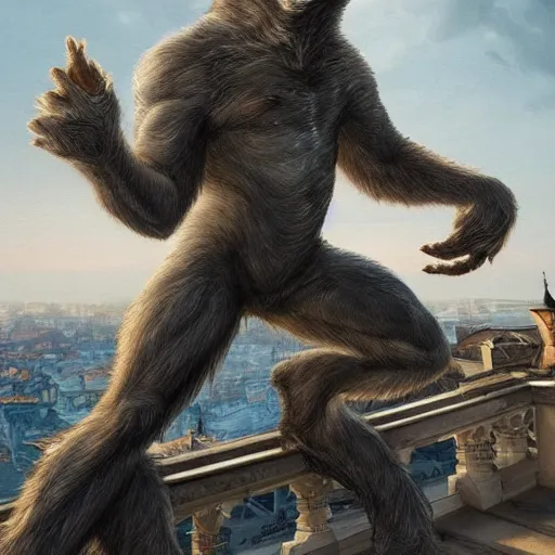 Image similar to werewolf highly sitting on the opera house at lviv, panorama, highly detailed, full body, digital painting, trending on artstation, concept art, sharp focus, illustration, art by artgerm and greg rutkowski and magali villeneuve