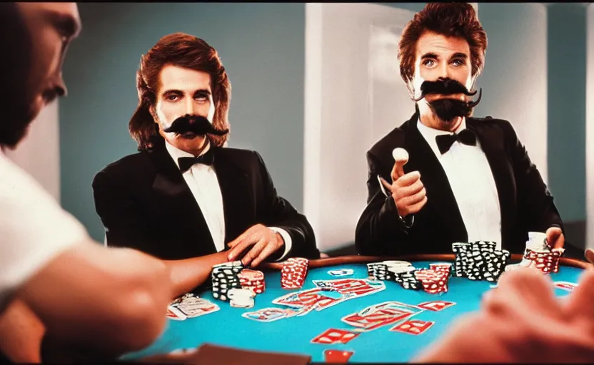 Image similar to color photo of a photomodel handsome man in mustache playing poker. las vegas. 8 0's style