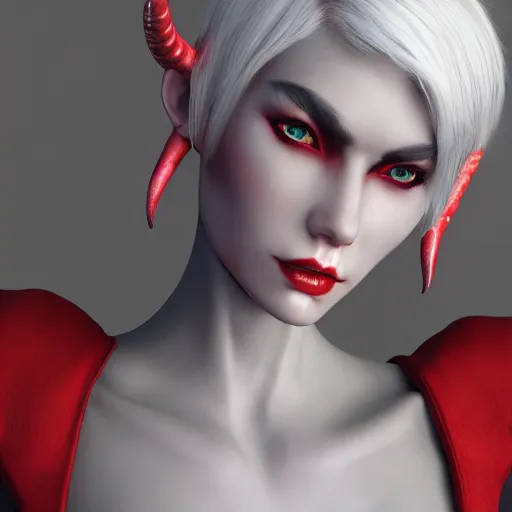 Image similar to a highly detailed portrait of a humanoid demon girl with white hair, red horns, in white clothes, artstation, deviantart, professional, unreal engine 5, photorealistic