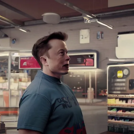 Prompt: elon musk working as a minimum wage employee in 7/11, 30mm photography, realistic artstyle, wide shot, dramatic lighting, octane render, hyperrealistic, high quality, highly detailed, artstation, HD, beautiful, cinematic, 8k, unreal engine, facial accuracy, symmetrical