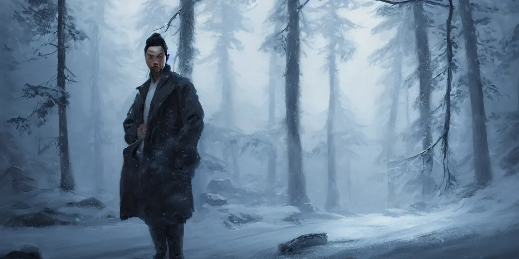 Image similar to a man with a japanese long dark hair bun, in a snowy forest setting with ray lights, hard edges concept art, highly detailed, great cinematic lighting, depth of field, art by greg rutkowski, trending on artstation