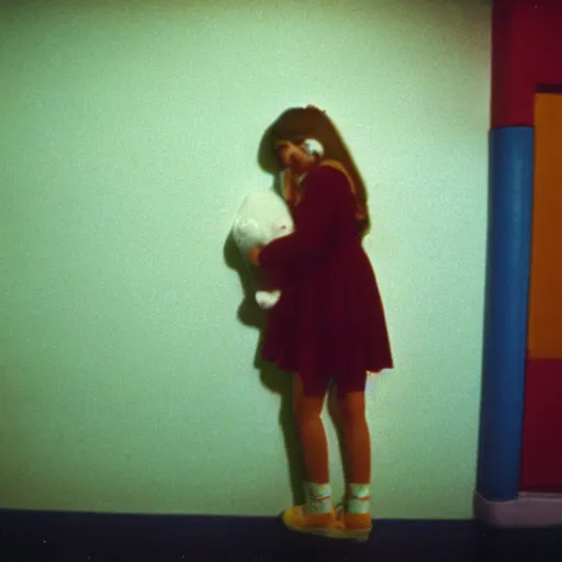 Image similar to teenage girl holds hands with inflatable toy boyfriend at high school, 1978 color Fellini film, in school hallway, dirty walls, archival footage, technicolor film, 16mm, live action, John Waters