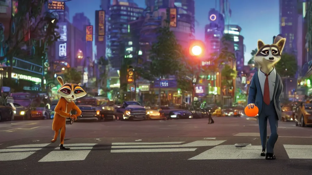 Prompt: An anthropomorphic raccoon businessman is walking down a busy crosswalk at sunset, warm lighting with an orange glow blanketing the cityscape, zootopia, other anthropomorphic characters are walking by him, extremely detailed, HDR, sideview, solemn and moody, many cars and animal people in the background, detailed face and eyes, visible pupils, the ground is wet with many rain puddles, reflections from the water on the ground