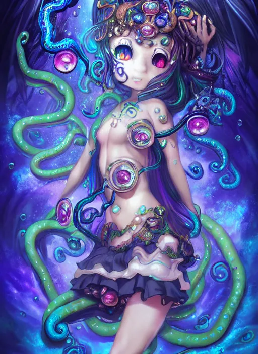 Image similar to A full shot of a chibi girl from the Abyss covered in opals and oil. Symmetrical. Underwater. Dark foreboding Atmosphere. Sailor Moon. Tentacles. Kawaii. Rainbows. Demon Horns, Angel Wings, By Lisa Frank and HR Giger and Ross Tran and ArtGerm and WLOP. Key Art. Fantasy Illustration. award winning, Artstation, intricate details, realistic, Hyperdetailed, 8k resolution. Photoreal. Octane Render.