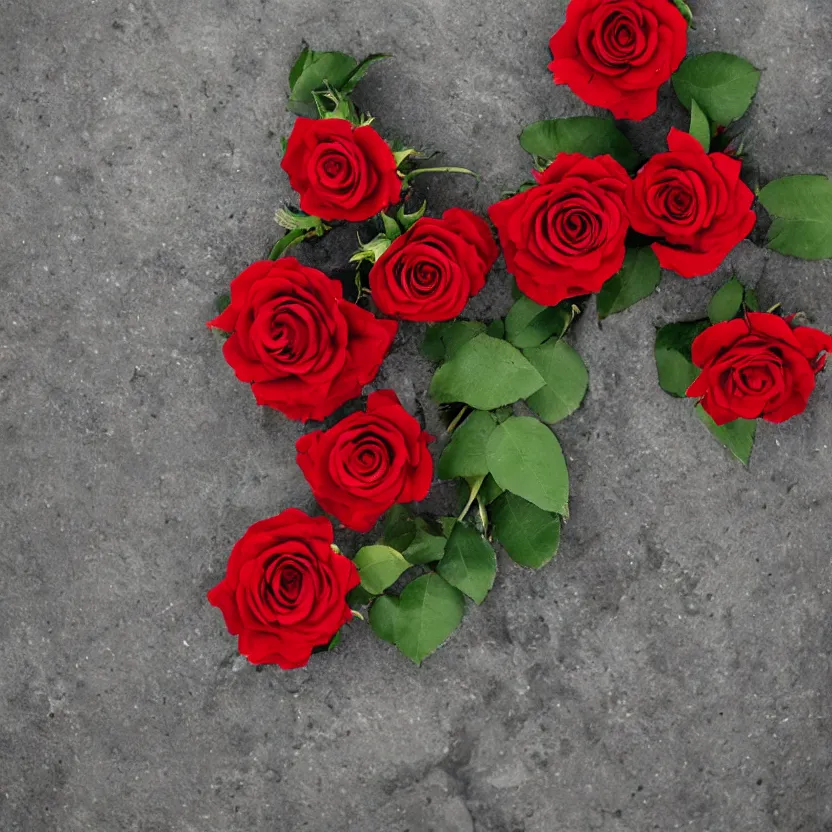 Prompt: red roses, laying in ashes