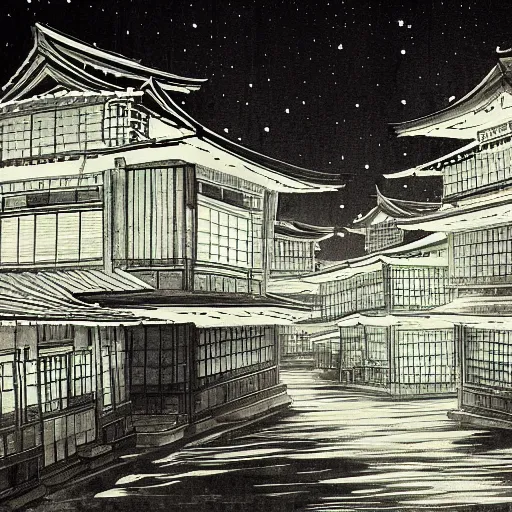 Image similar to a beautiful ink painting of buildings in japanese traditional style, in the style of hiroshi yoshida, at night, light effect, detailed, high - definition, exquisite isolated very detailed, moody lighting, 8 k highly detailed, trending on artstation