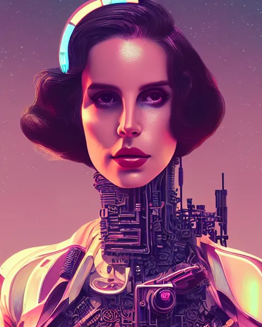 Image similar to portrait of lana del rey as a cyberpunk cyborg. roses, sci - fi, missing panels, intricate abstract, upper body, intricate artwork, by tooth wu, wlop, beeple, dan mumford. concept art, 8 k octane render, deviantart, greg rutkowski, cinematic, key art, hyperrealism, iridescent accents