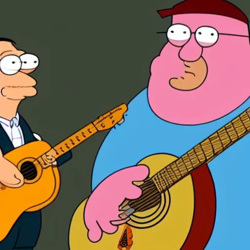 Image similar to bert jansch playing guitar next to peter griffin in family guy