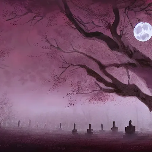 Image similar to a lonely graveyard at night, the moon shine is falling on a specific grave with a sakura tree beneath it also there's the fall of super mad and with extrem anger lucifer, its raining and the atmosphere is oppressive dark with many shadows and dark red highlights, concept art by aleksandra waliszewska, cinematic atmosphere