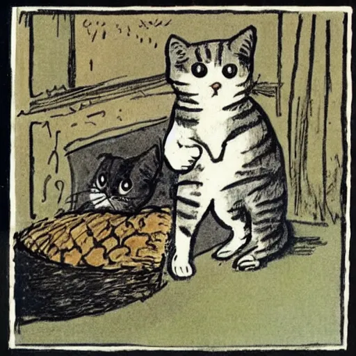 Prompt: Edward Ardizzone illustration of a cute cat