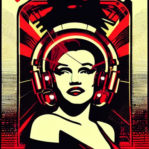 Image similar to Illustrated by Shepard Fairey and H.R. Geiger | Cyberpunk Marilyn Monroe with VR helmet, surrounded by cables