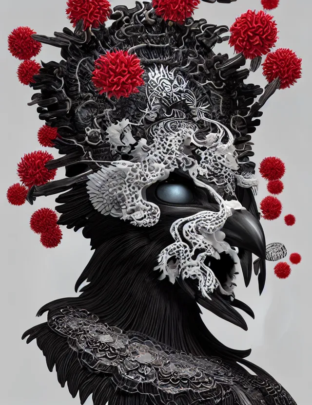 Image similar to 3 d goddess close - up profile death biohazard portrait with crown, ram skull. beautiful intricately detailed japanese crow kitsune mask and clasical japanese kimono. betta fish, jellyfish phoenix, bio luminescent, plasma, ice, water, wind, creature, artwork by tooth wu and wlop and beeple and greg rutkowski