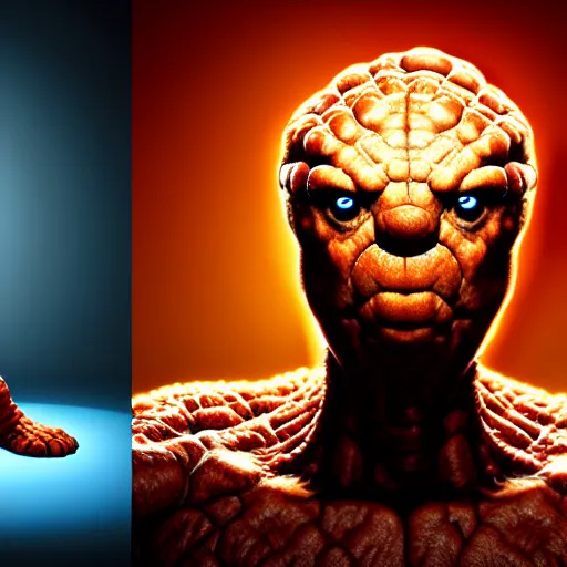 Image similar to an epic comic book style hyperealistic full body portrait of the Thing from the Fantastic Four, action pose, dramatic lighting, character design by John Byrne, Jack Kirby, Joe Sinnott, unreal 5, DAZ, hyperrealistic, octane render, RPG portrait, dynamic lighting, intricate detail, cinematic